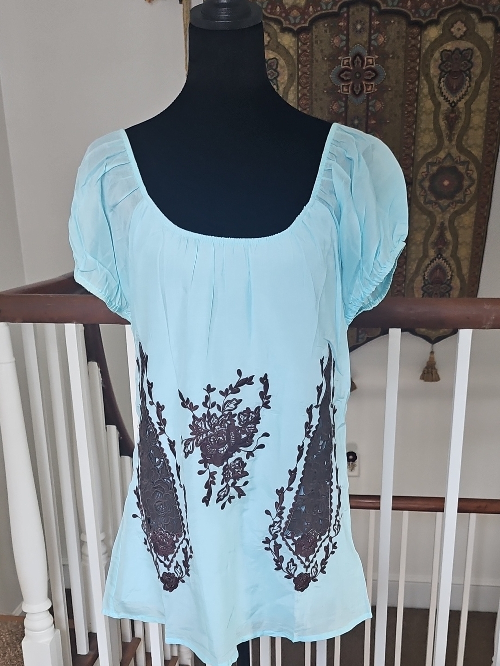 Blue Tassel Cotton Silk Embroidered Top